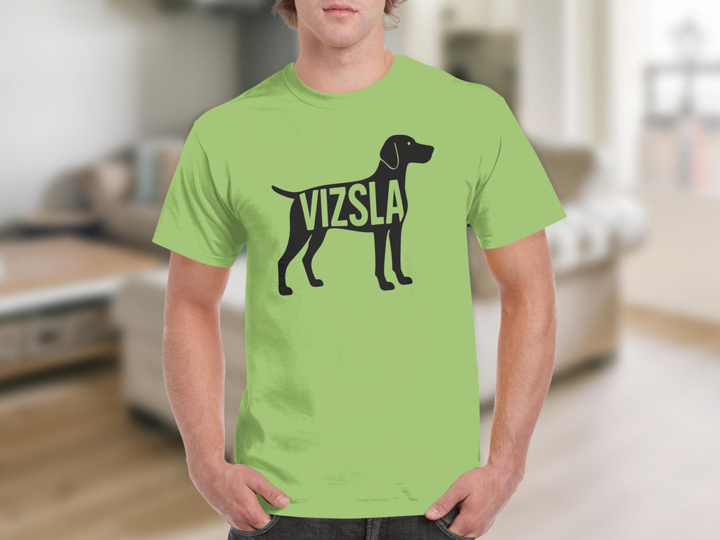 Vizsla dog silhouette with text "VIZSLA" across the chest on a light green t-shirt.