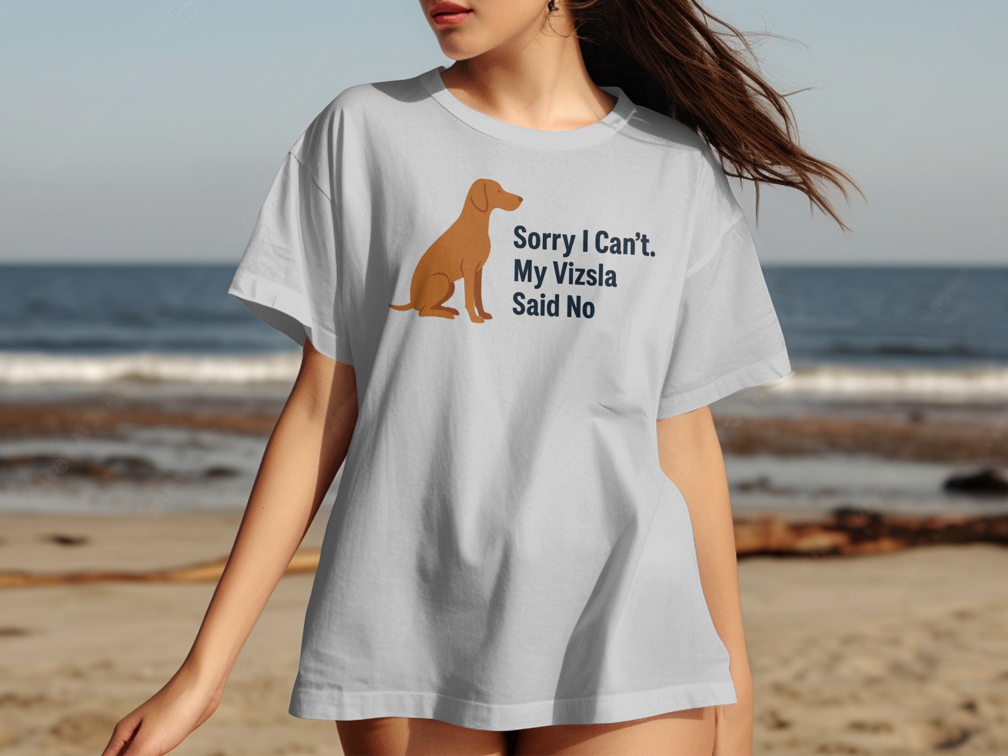White t-shirt with text "Sorry I Can't. My Vizsla Said No." and a dog graphic.