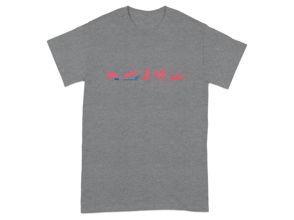 Gray t-shirt with a horizontal row of pink dog action silhouettes.