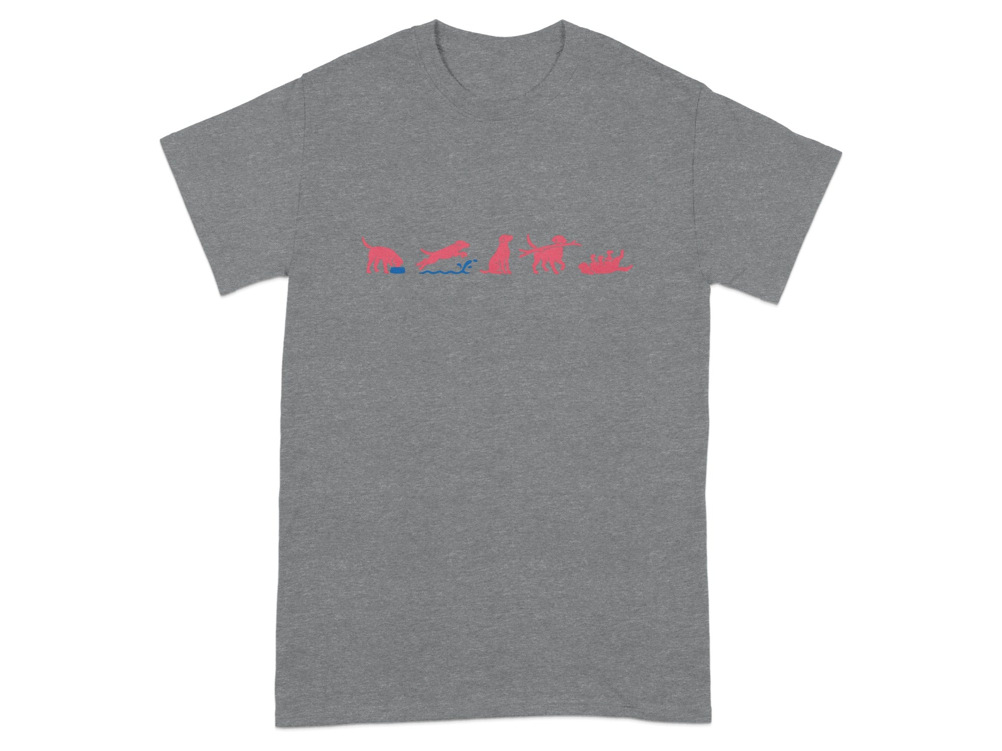 Gray t-shirt with a horizontal row of pink dog action silhouettes.