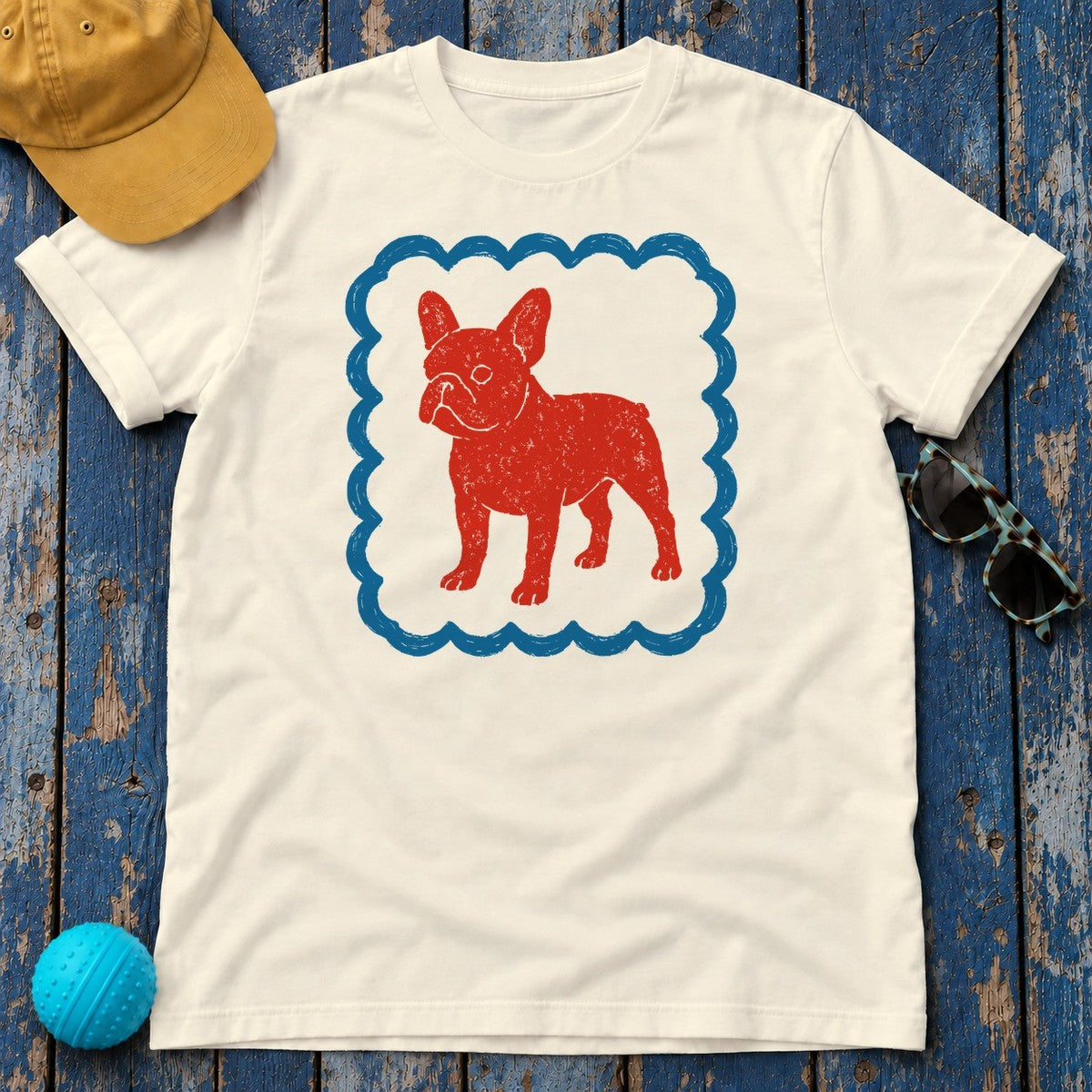 French Bulldog in Decorative Border Graphic Design T-Shirt in Natural