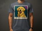 Golden retriever portrait on a dark grey t-shirt with "ENDLESS HUNGER" text.