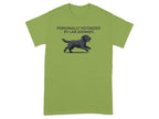 Green t-shirt with black lab running and text "PERSONALLY VICTIMIZED BY LAB ZOOMIES".