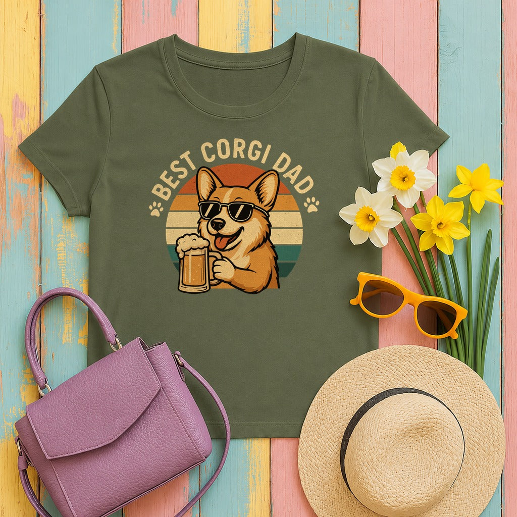 Best Corgi Dad Beer Lover Dog Retro Style Art T-Shirt in Military Green