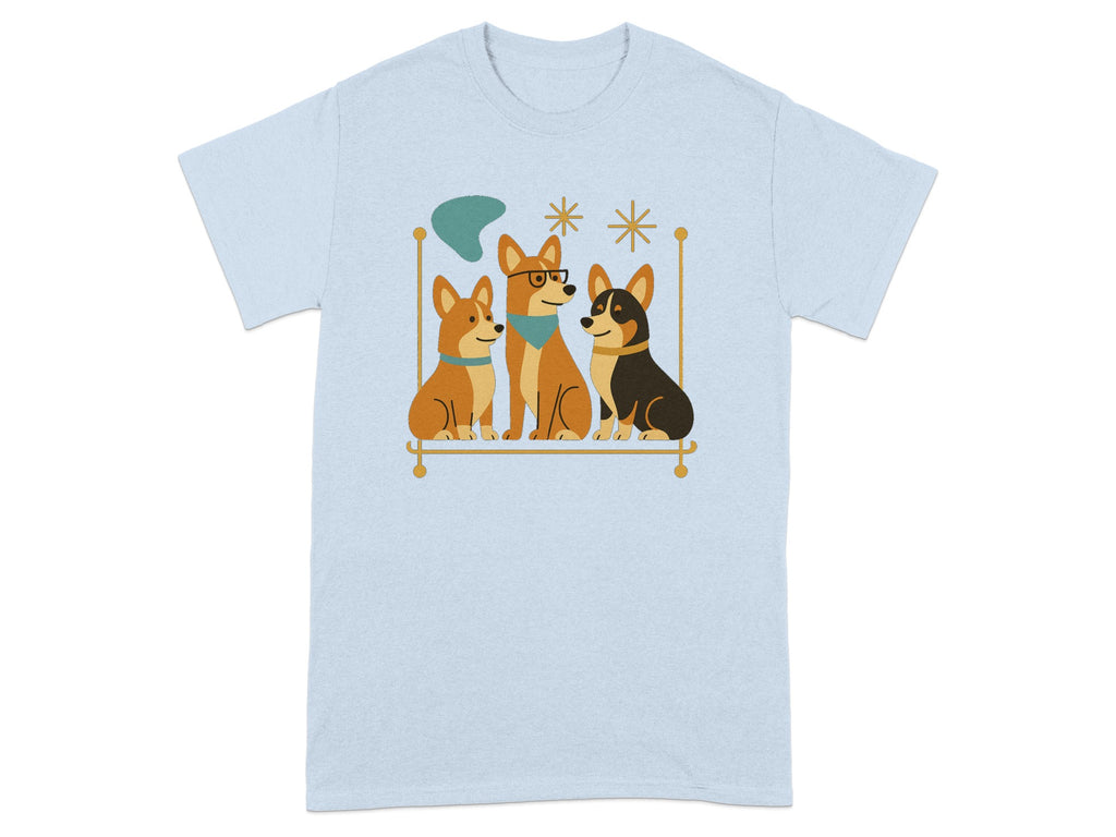 Three corgi dogs sitting on a gold bar with mid-century modern style accents.