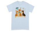 Three corgi dogs sitting on a gold bar with mid-century modern style accents.
