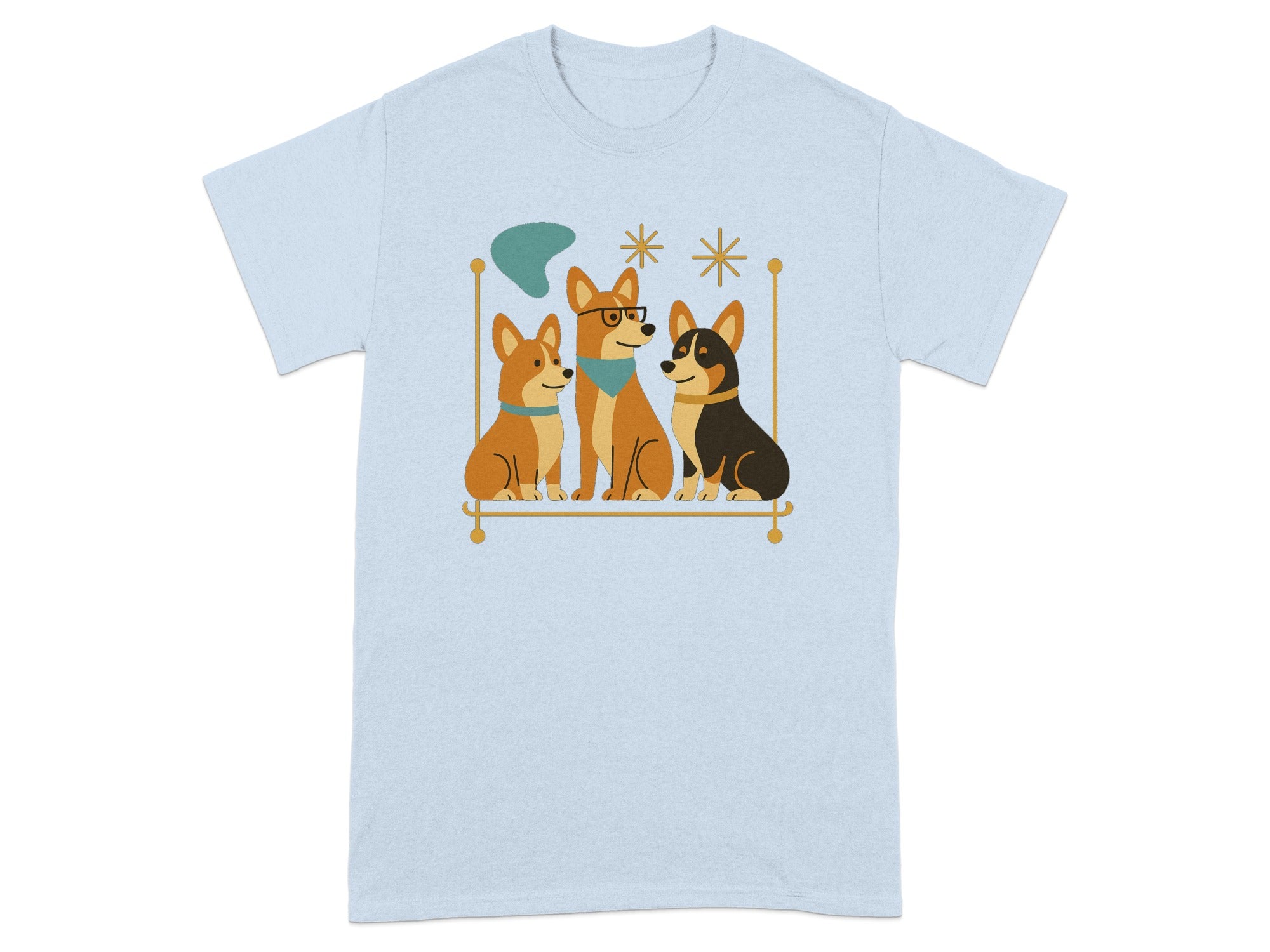 Three corgi dogs sitting on a gold bar with mid-century modern style accents.