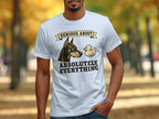 White t-shirt with a dog and rubber duck graphic and text.