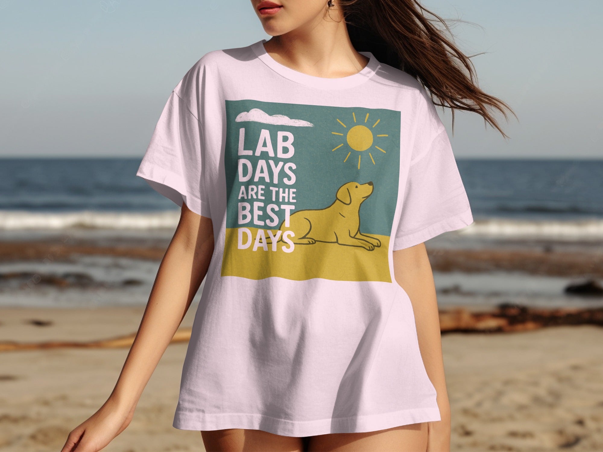 White t-shirt with yellow lab and "Lab Days Are the Best Days" text.