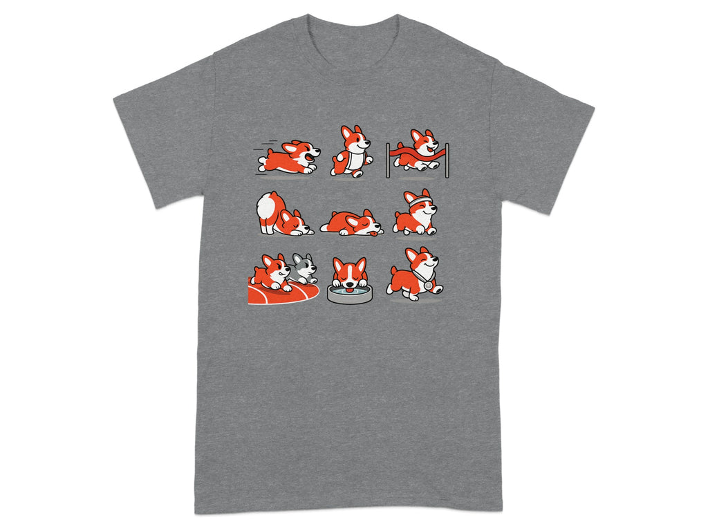 Nine cartoon corgis in various actions and poses on a grey t-shirt.