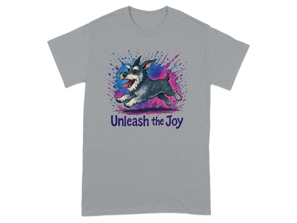 Grey t-shirt with a running schnauzer and the text "Unleash the Joy".