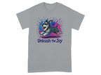 Grey t-shirt with a running schnauzer and the text "Unleash the Joy".