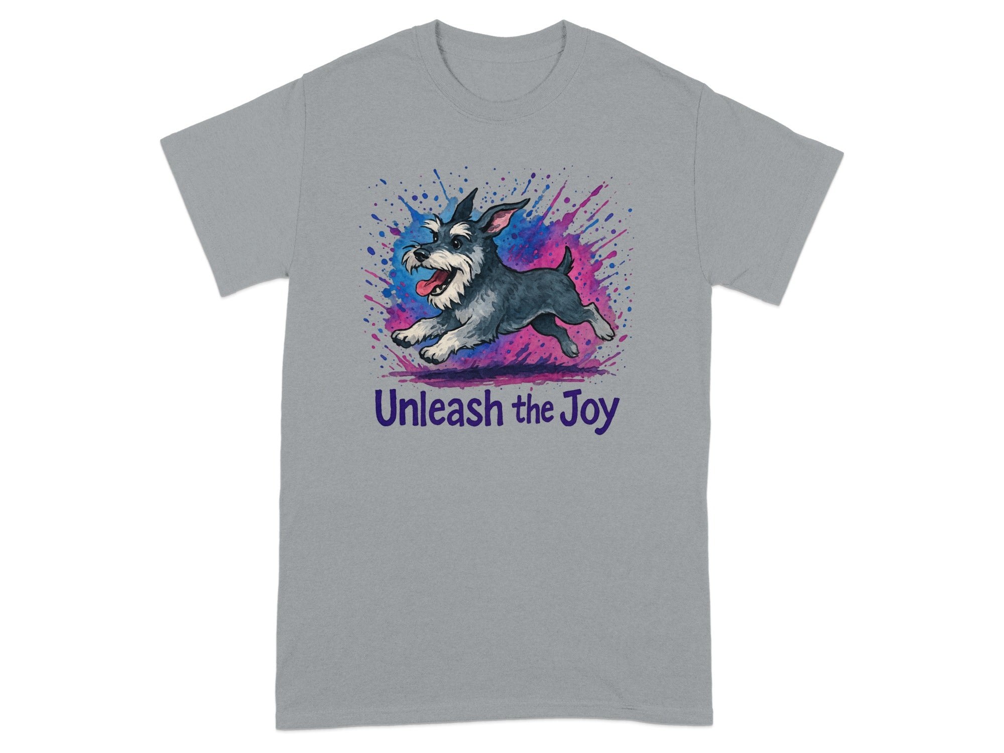 Grey t-shirt with a running schnauzer and the text "Unleash the Joy".