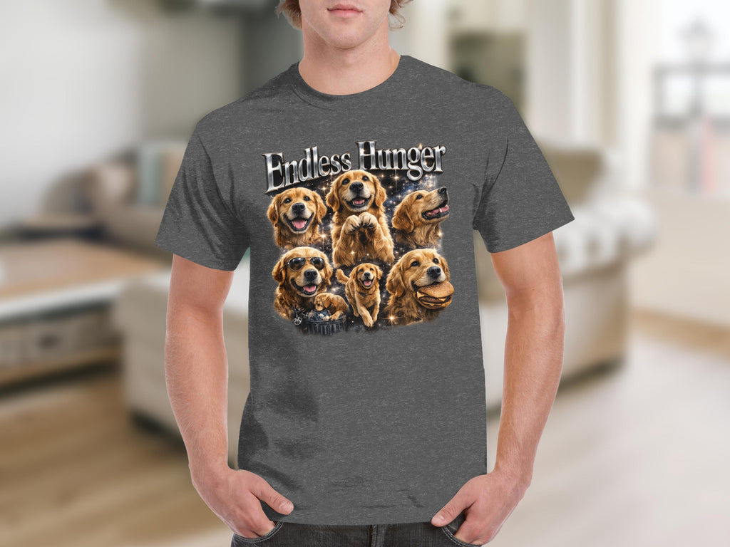 Gray t-shirt with a graphic of golden retrievers and the text "Endless Hunger."