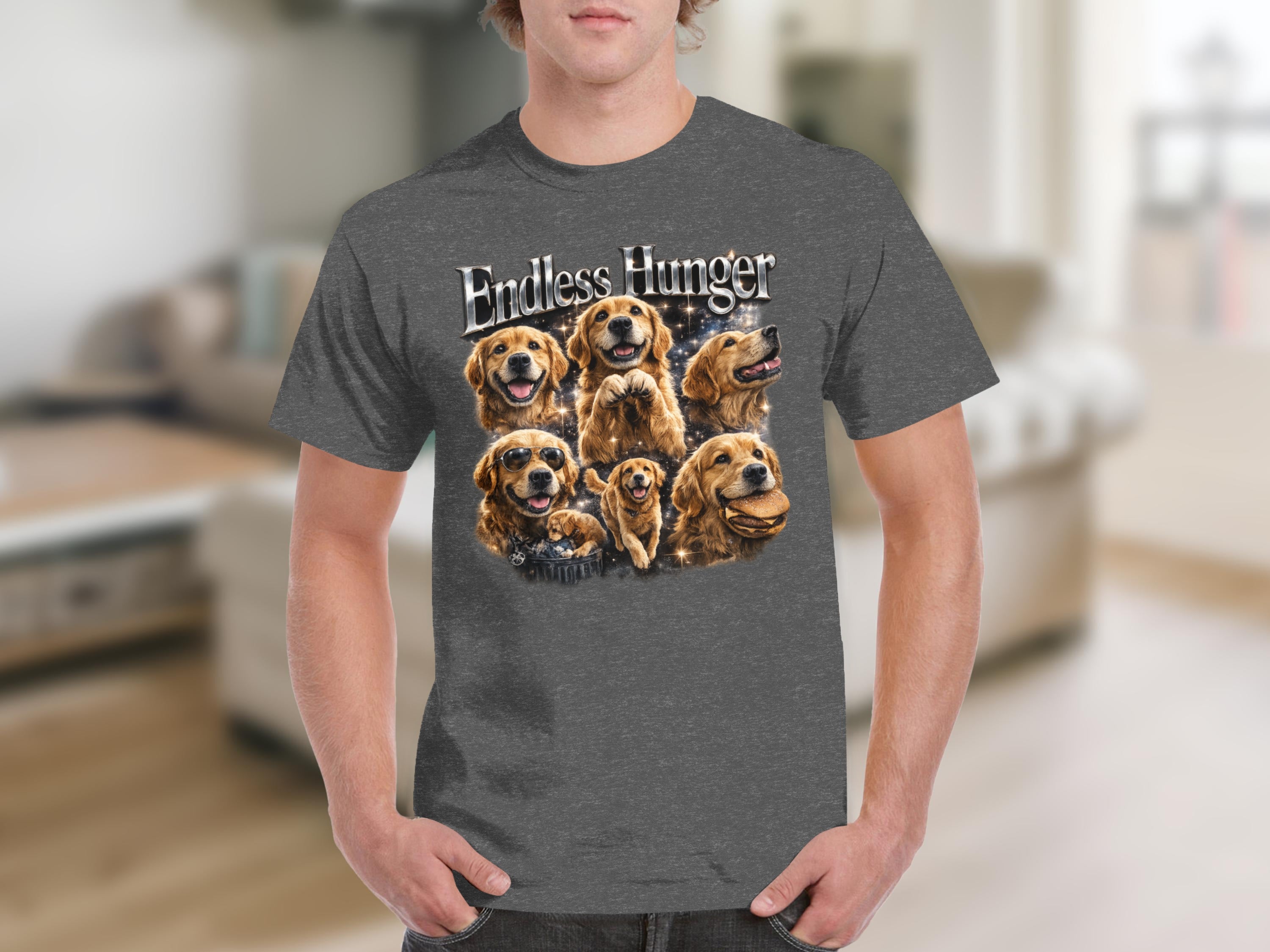 Gray t-shirt with a graphic of golden retrievers and the text "Endless Hunger."