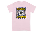 Pink t-shirt with a dog's nose and comic book style text "SCENT FIRST. PLANS LATER."