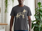Dark grey t-shirt with tan German Shepherd silhouette and the word SHEPHERD.