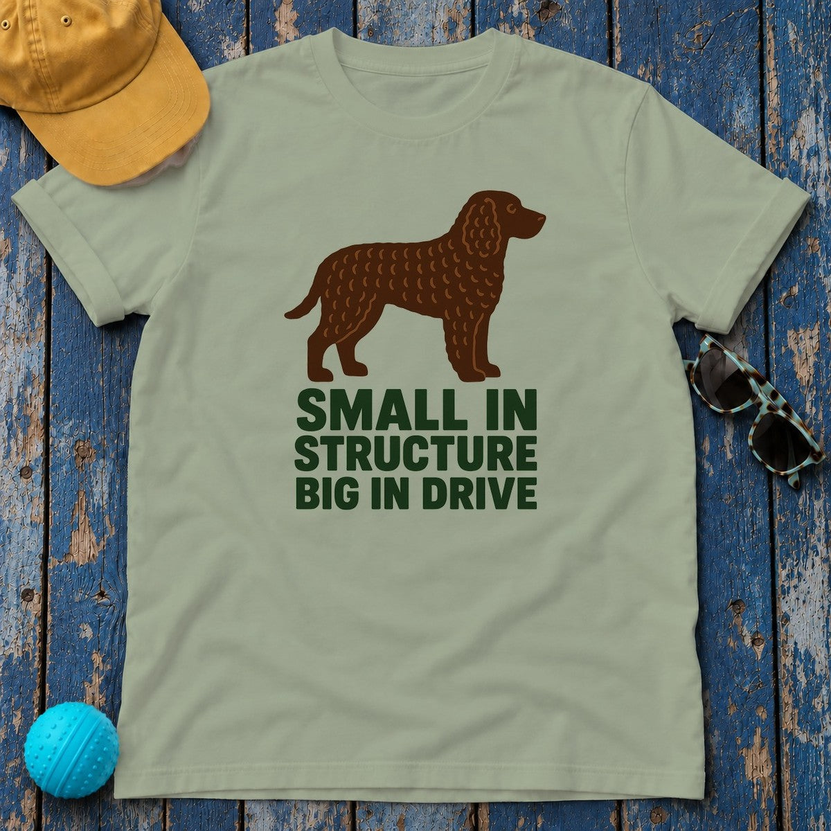 American Water Spaniel Small In Structure Big In Drive Tee in Sage