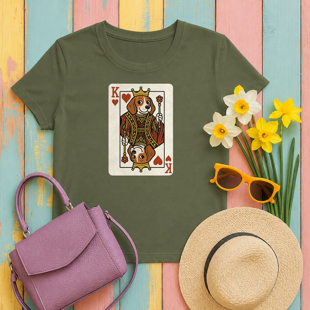 King Of Hearts Cute Beagle Playing Card Funny Deck T-Shirt in Military Green