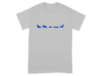 Light grey t-shirt with blue graphic of dachshunds in several playful poses.