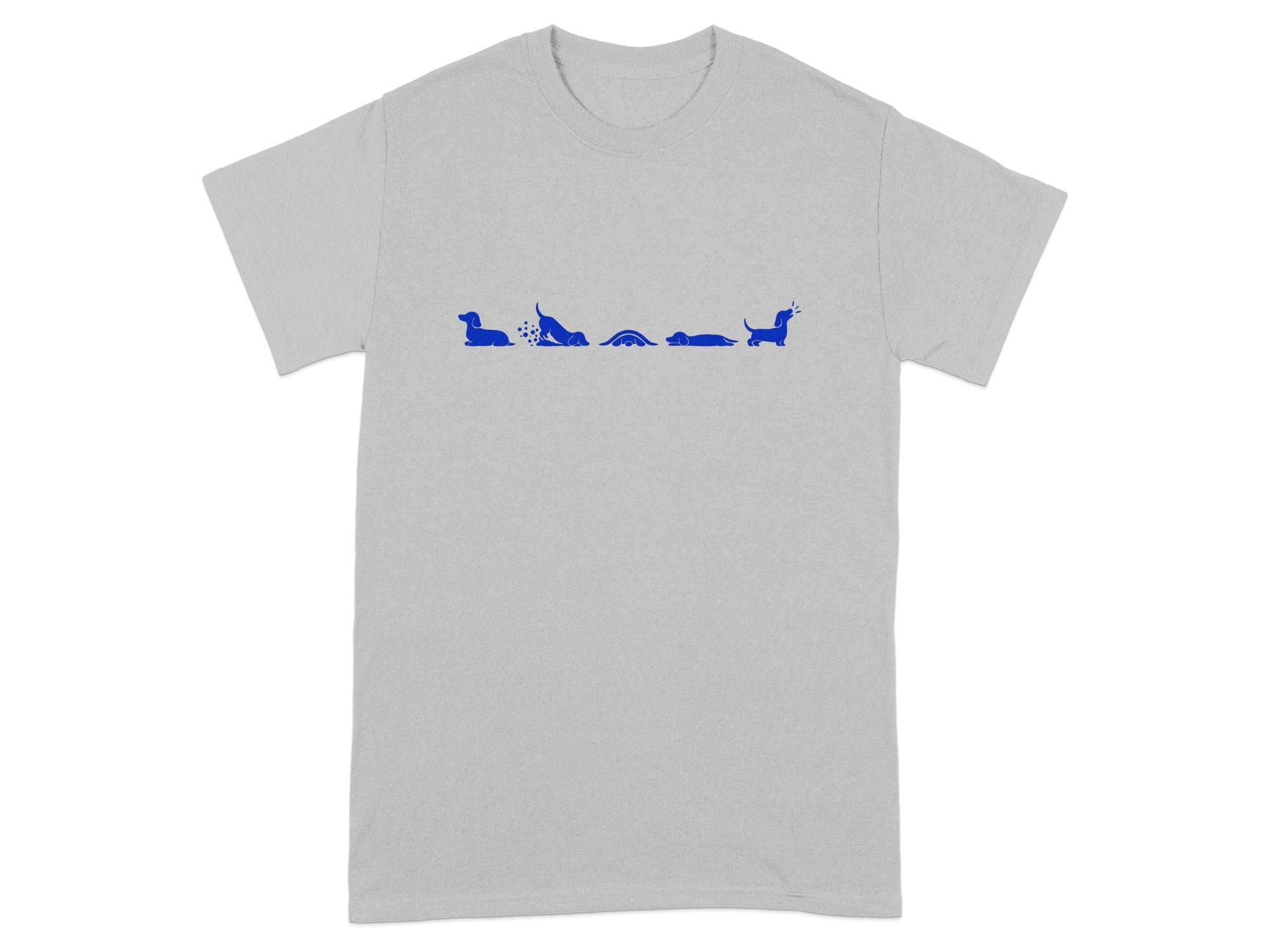 Light grey t-shirt with blue graphic of dachshunds in several playful poses.