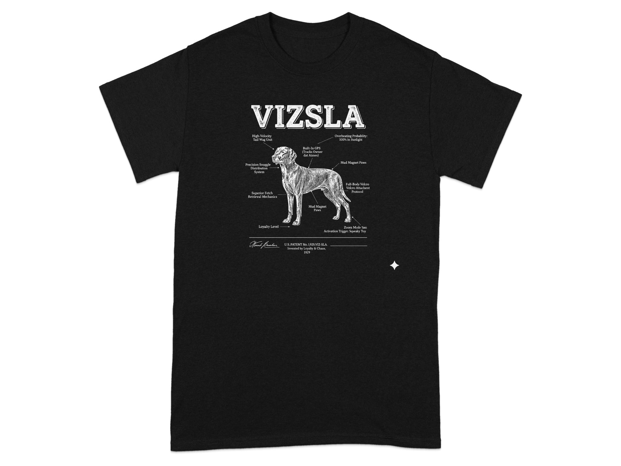 Vizsla outline with humorous, fabricated labels for dog features.