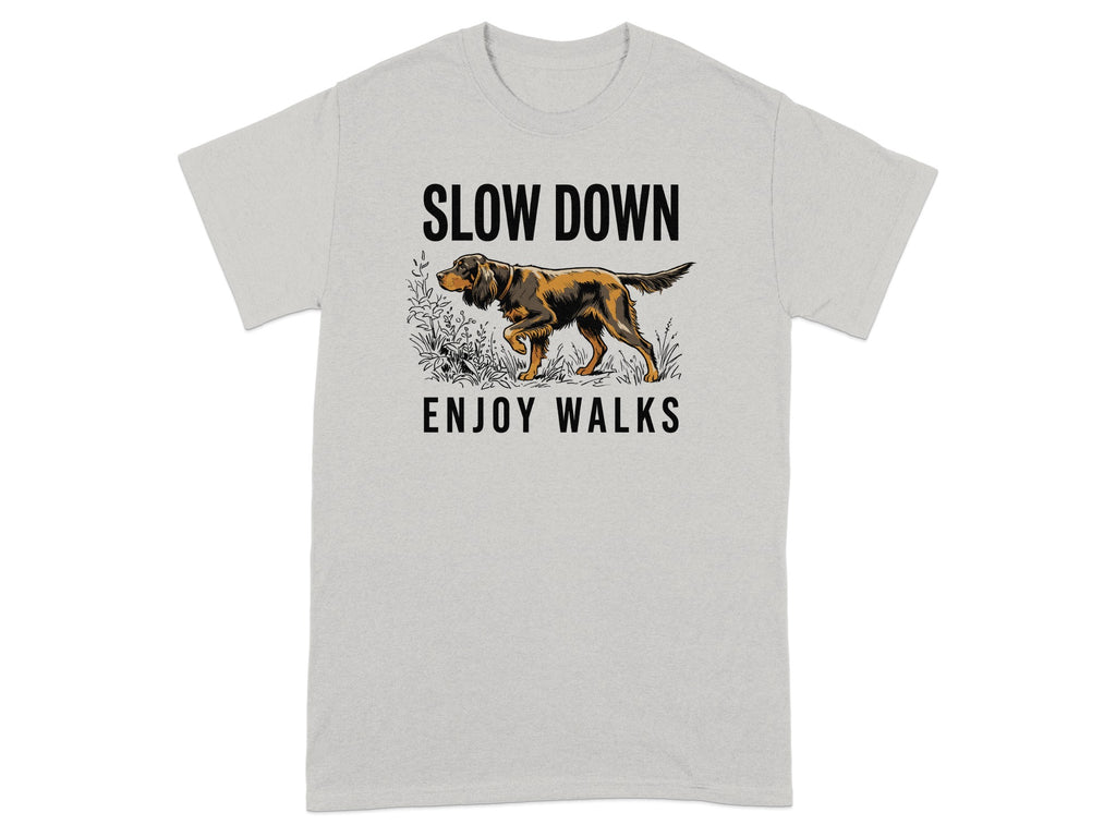 Grey t-shirt with a dog illustration and text "SLOW DOWN ENJOY WALKS".
