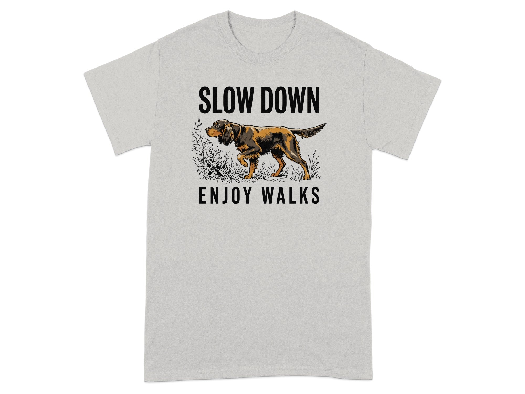 Grey t-shirt with a dog illustration and text "SLOW DOWN ENJOY WALKS".