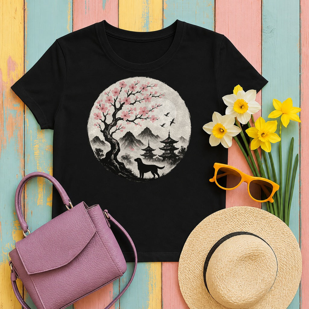 Labrador Under Cherry Blossoms T-Shirt in Black