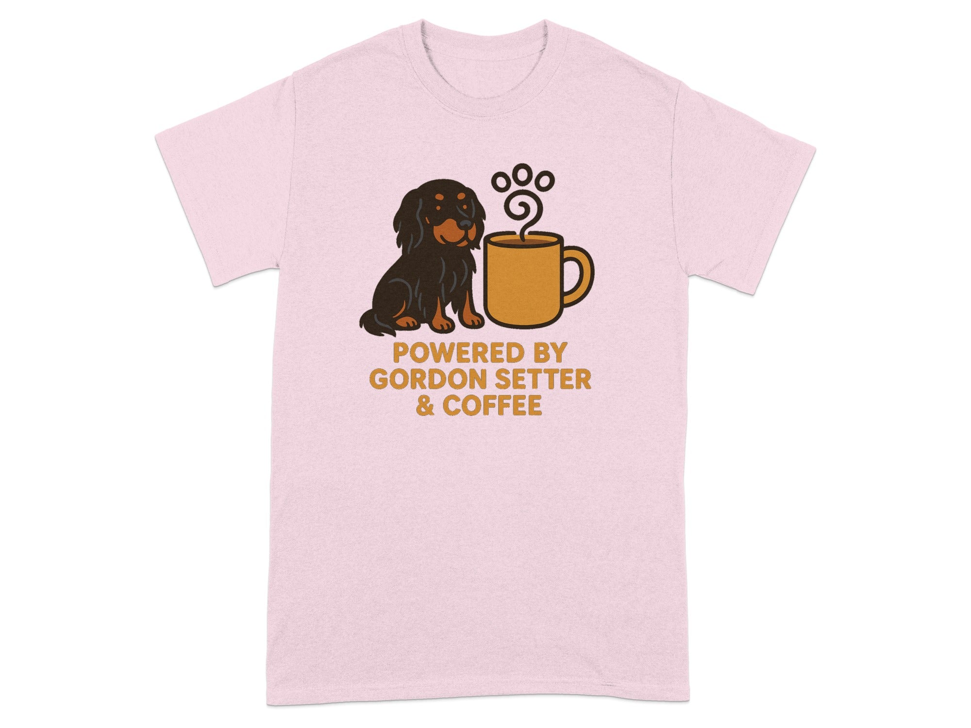 Gordon Setter dog and coffee cup graphic with text "POWERED BY GORDON SETTER & COFFEE".