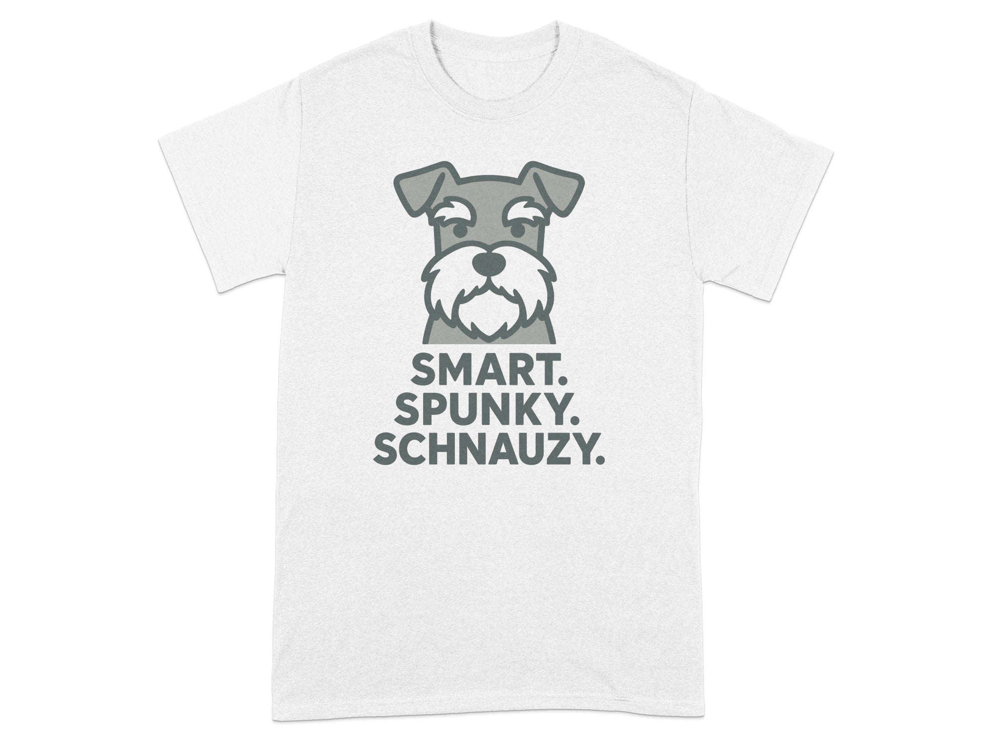 Grey t-shirt with a cartoon schnauzer and text "SMART. SPUNKY. SCHNAUZY."