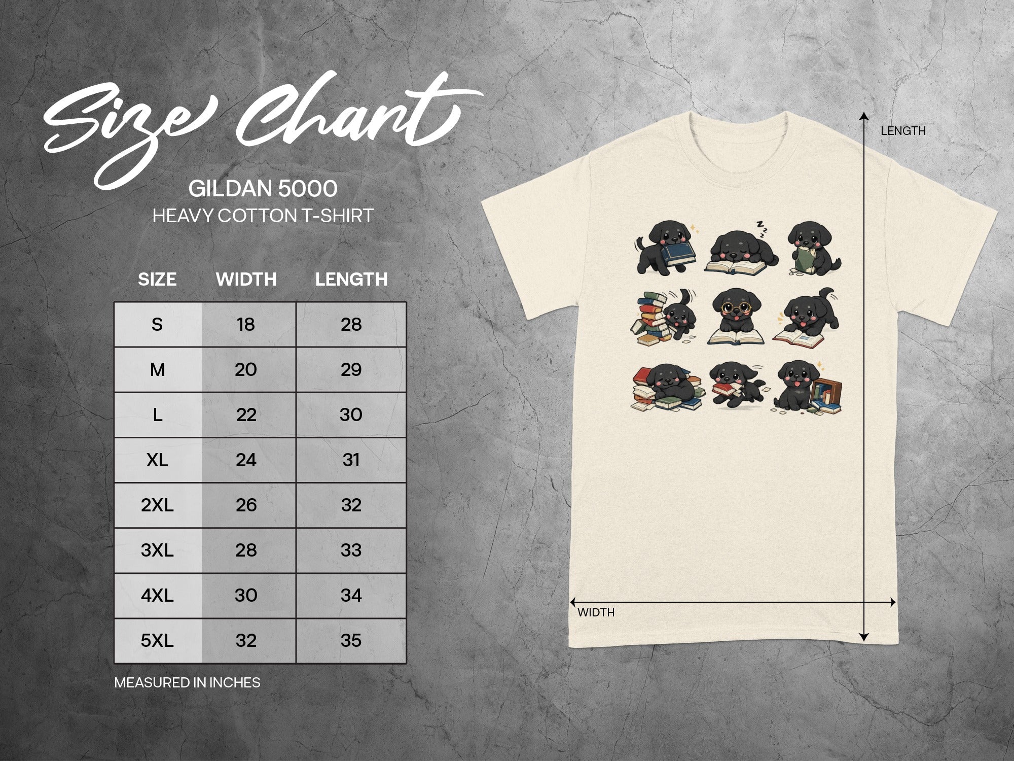 Gildan 5000 Heavy Cotton T-shirt size chart with widths and lengths in inches.