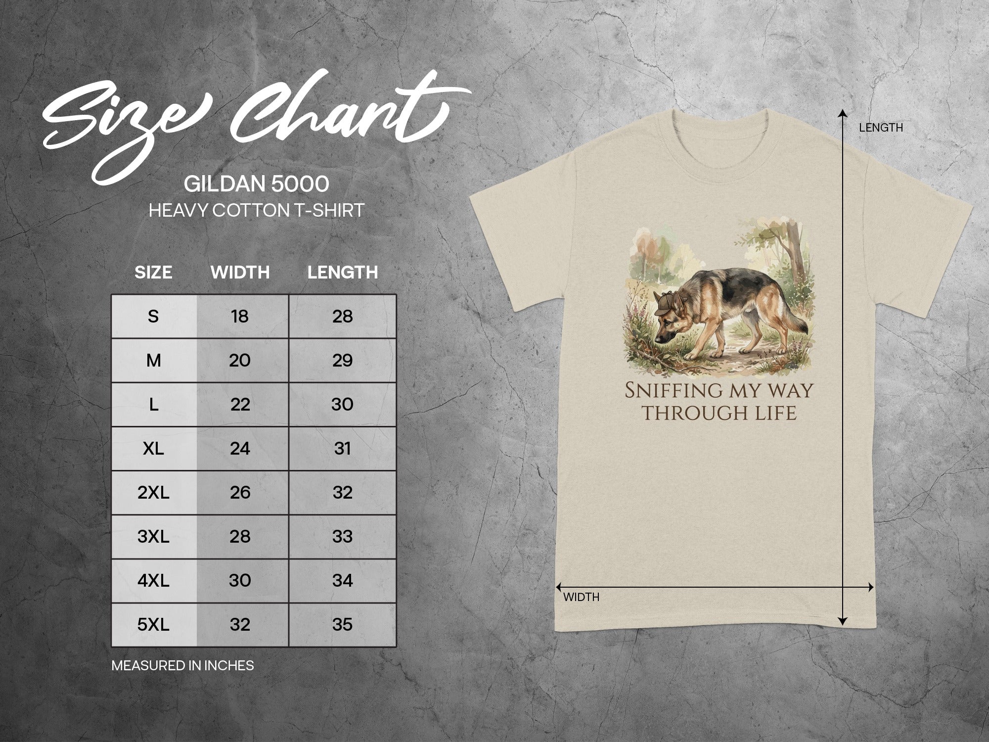 Gildan 5000 Heavy Cotton T-shirt size chart with dog graphic and text "SNIFFING MY WAY THROUGH LIFE".