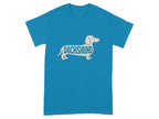 Teal t-shirt with a cream-colored dachshund outline filled with the word "DACHSHUND".