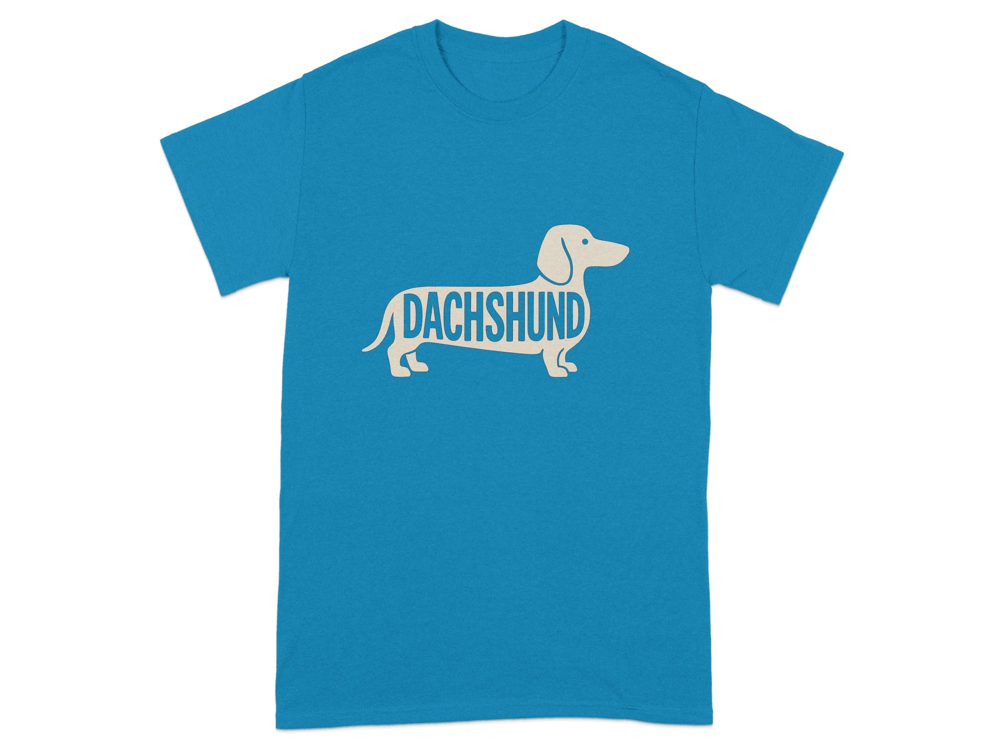 Teal t-shirt with a cream-colored dachshund outline filled with the word "DACHSHUND".