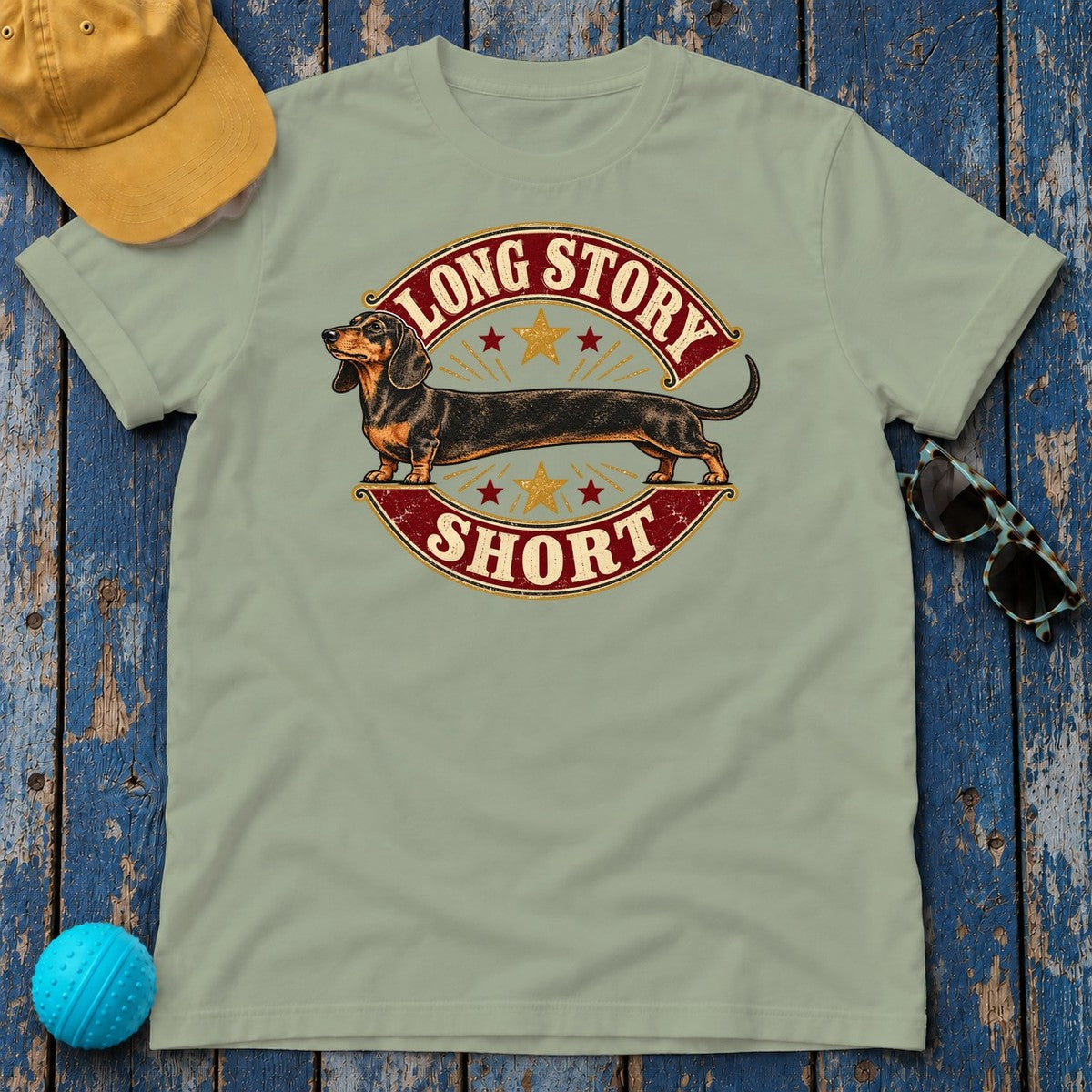 Long Story Short Dachshund T-Shirt in Sage - flat lay