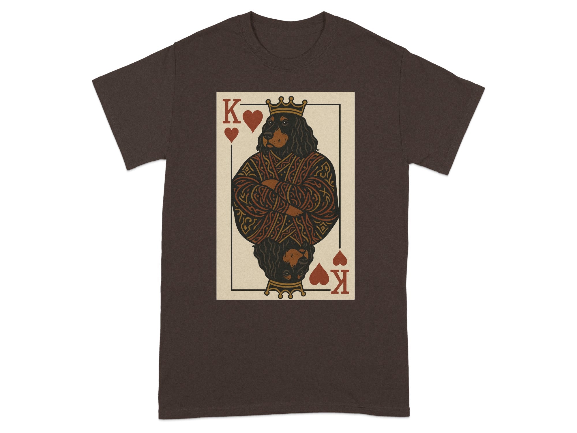 King of Hearts card design featuring a dog wearing a crown on a brown t-shirt.