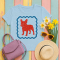 French Bulldog in Decorative Border Graphic Design T-Shirt in Light Blue