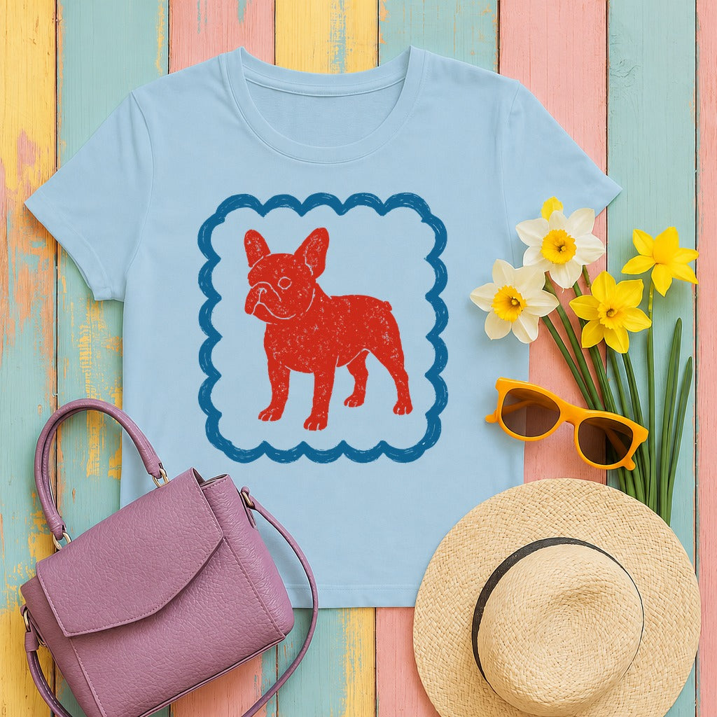 French Bulldog in Decorative Border Graphic Design T-Shirt in Light Blue