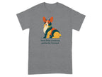 T-shirt with a colorful, geometric corgi illustration and text.