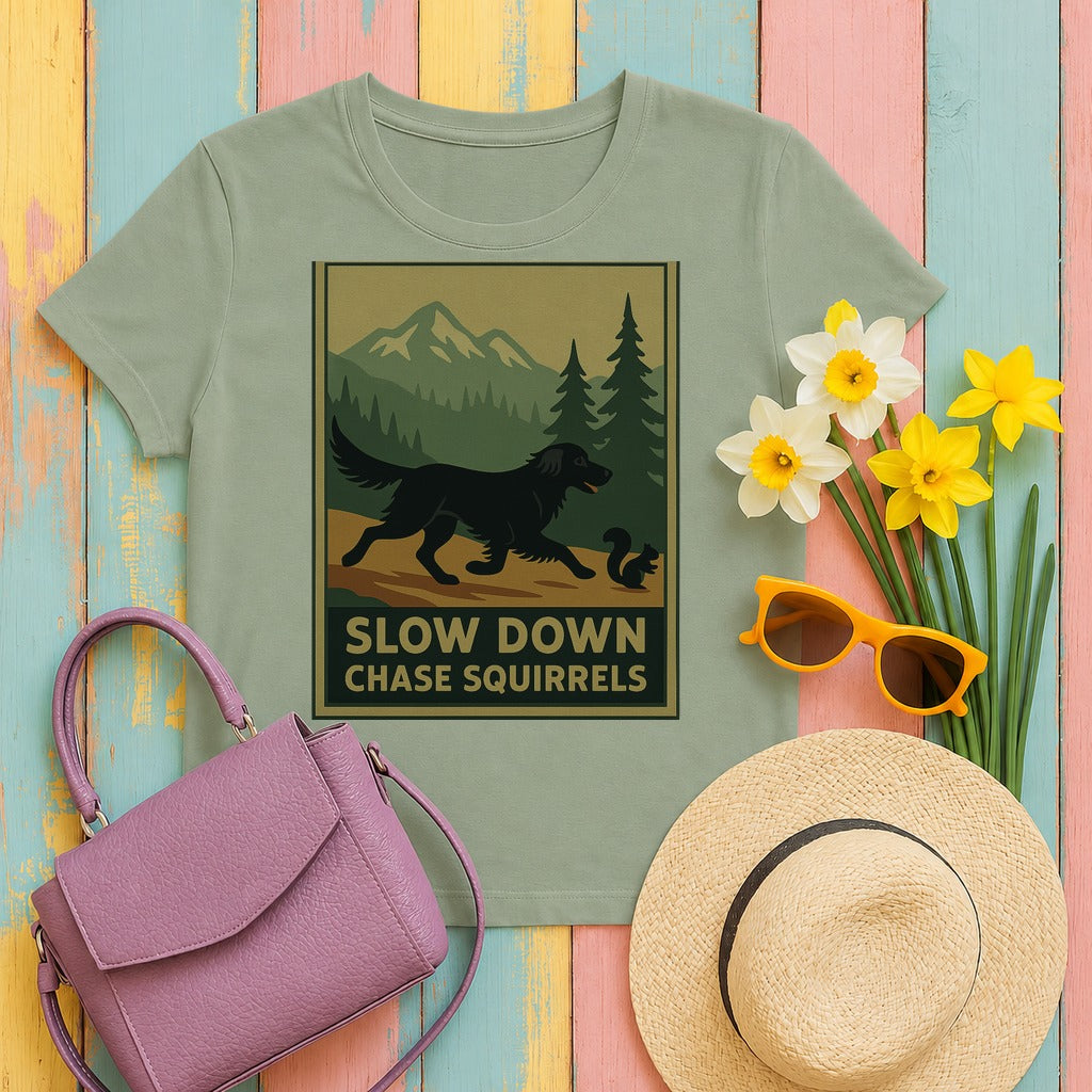flat-coated retriever slow-down-chase-squirrels tee flat lay hero