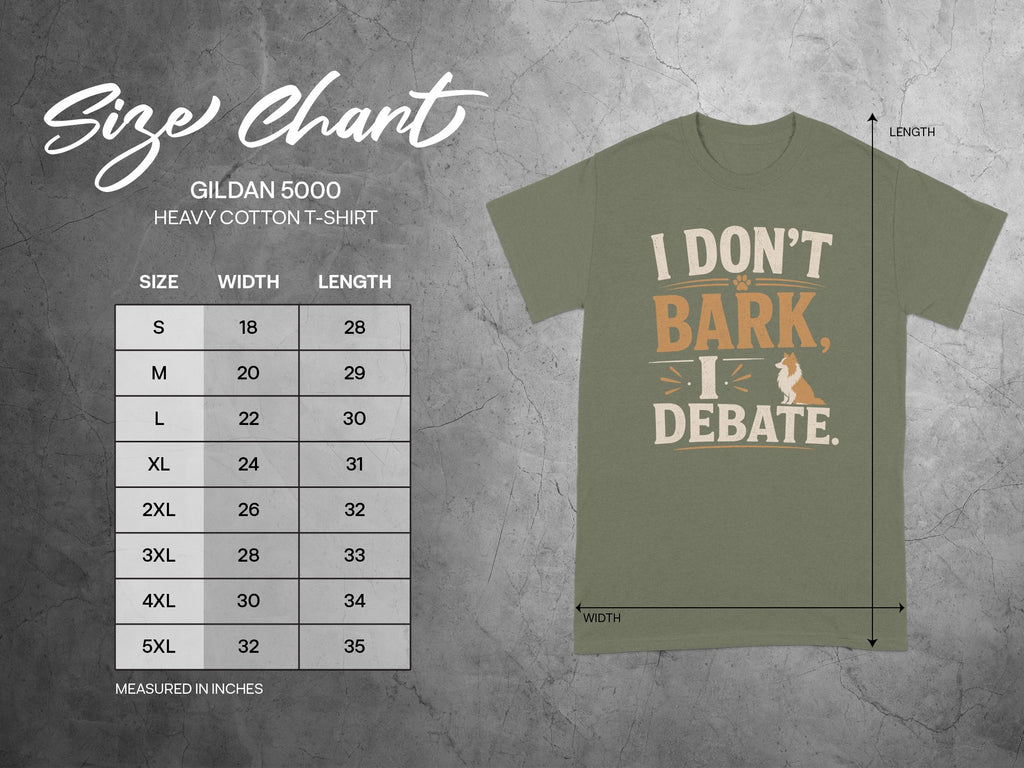 Gildan 5000 heavy cotton t-shirt size chart with measurements in inches.
