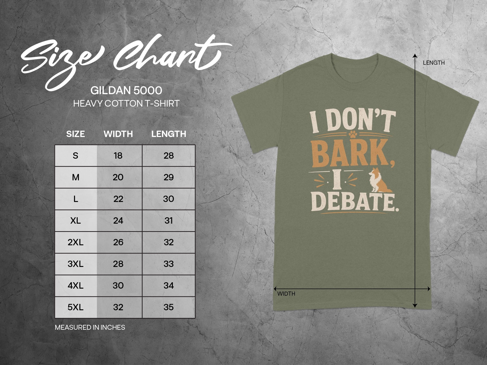 Gildan 5000 heavy cotton t-shirt size chart with measurements in inches.