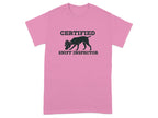 Pink t-shirt with "Certified Sniff Inspector" text and a dog silhouette.