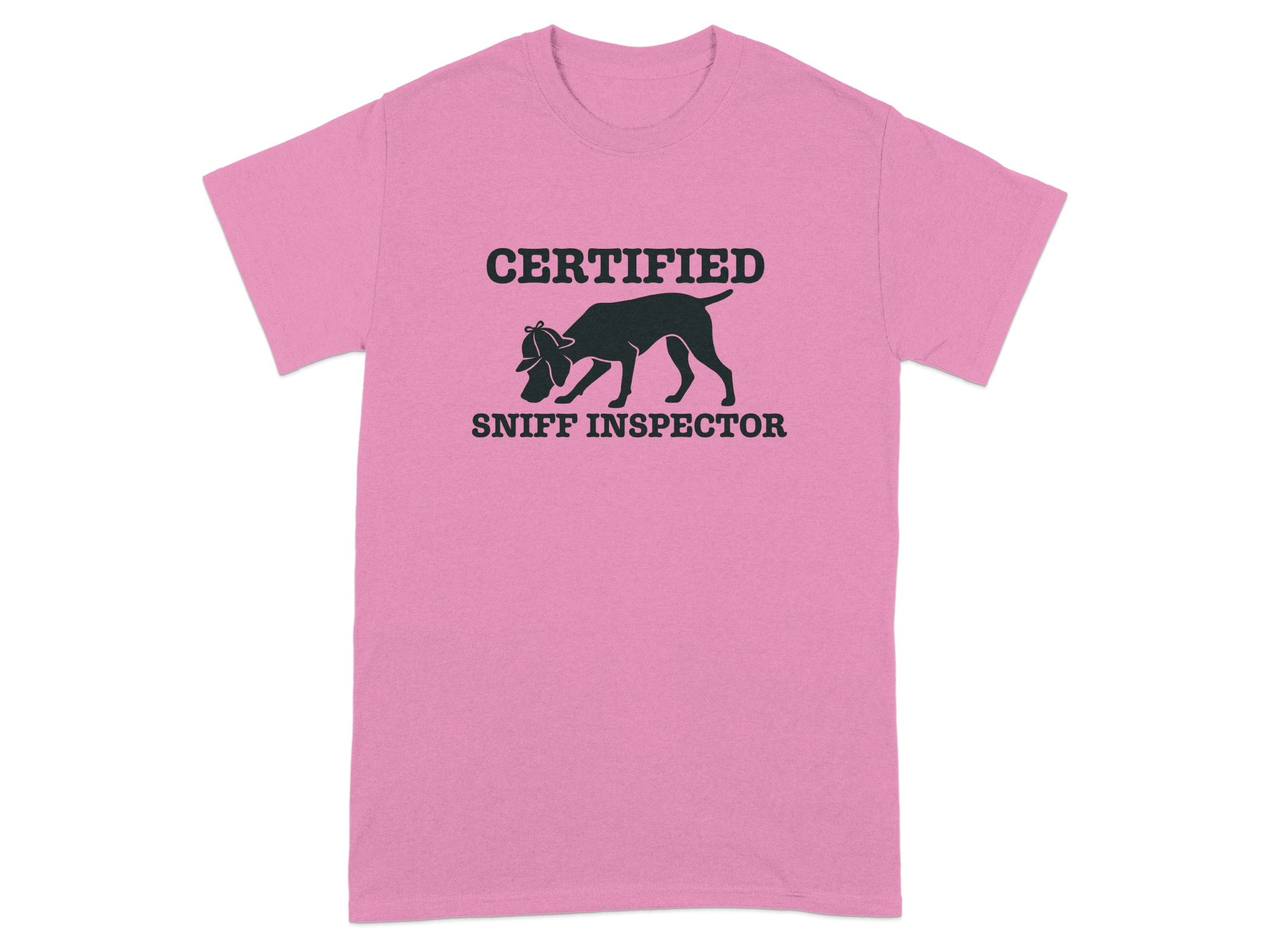 Pink t-shirt with "Certified Sniff Inspector" text and a dog silhouette.