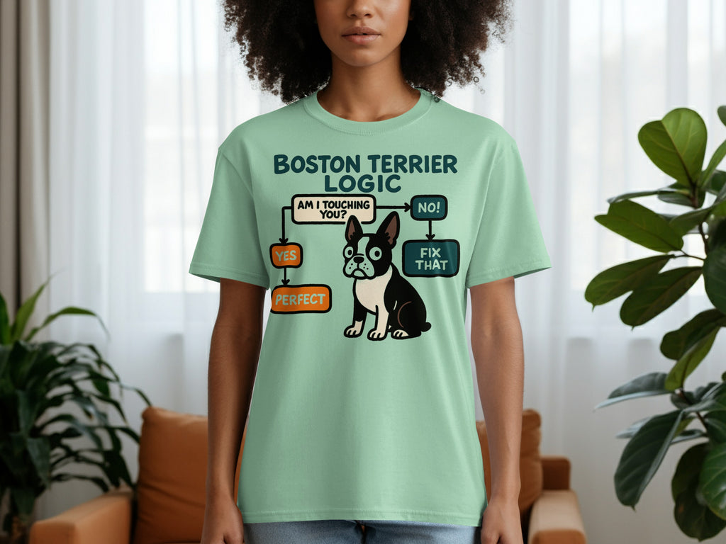 Mint green t-shirt with Boston Terrier logic flowchart graphic about touching.
