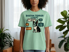 Mint green t-shirt with Boston Terrier logic flowchart graphic about touching.