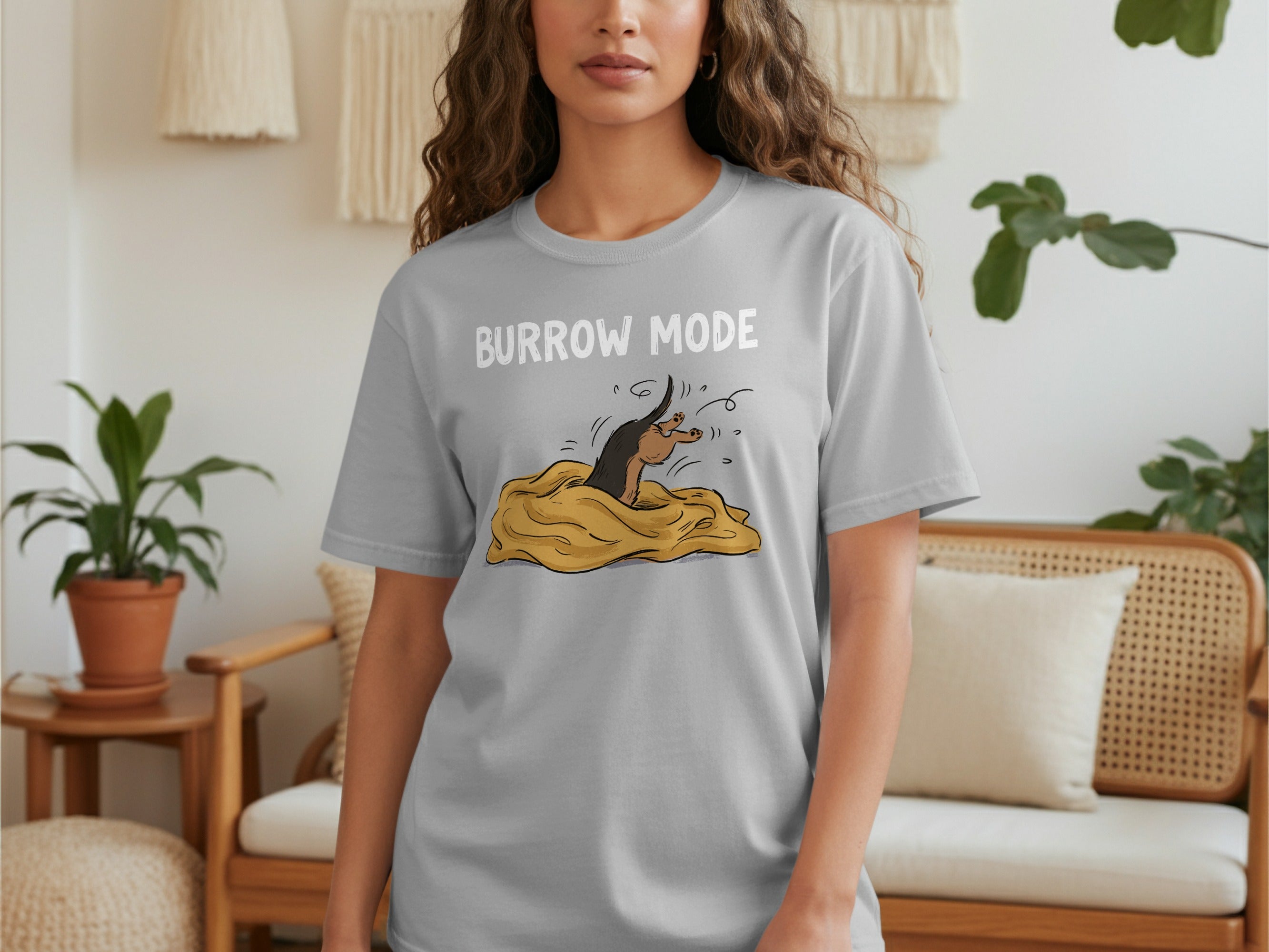 Gray t-shirt with "BURROW MODE" text and a cartoon badger digging.