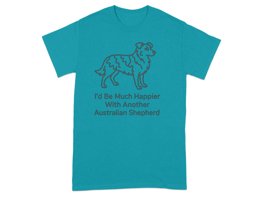 Turquoise t-shirt with line drawing of an Australian Shepherd and text.