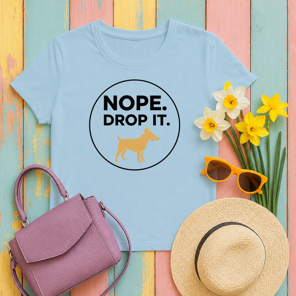 Nope Drop It Dog Bone Humor Funny Pet Lover T-Shirt in Light Blue